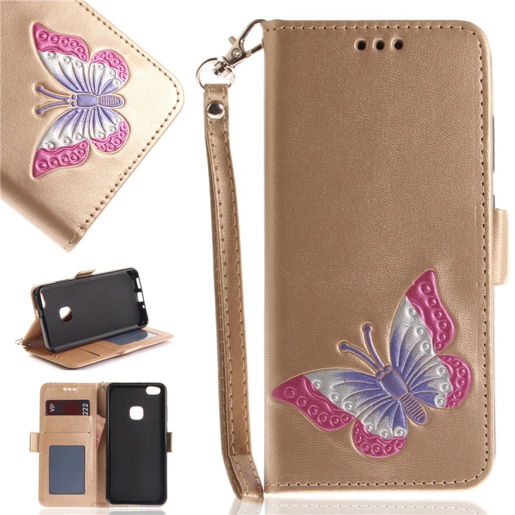 Butterfly Pattern Leather Wallet Stand Casing Cover for Huawei P10 Lite - Gold-1
