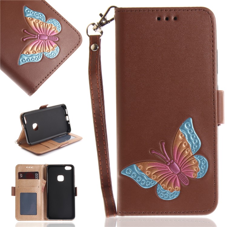 Butterfly Pattern Leather Wallet Stand Mobile Case for Huawei P10 Lite - Brown-1