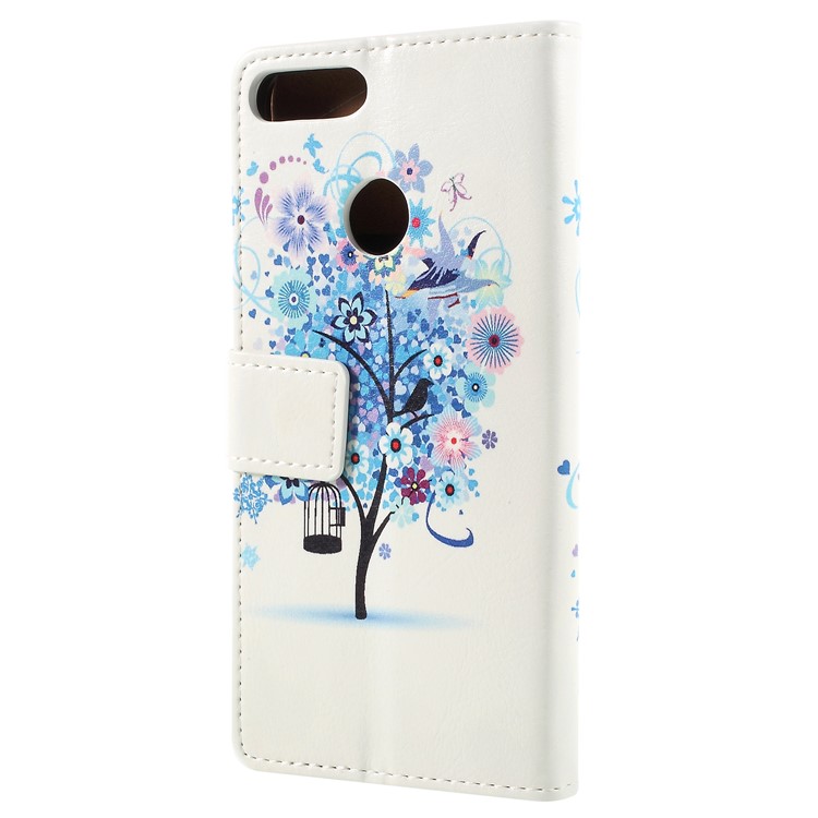 For Huawei Honor 9 Lite / Honor 9 Youth Edition Patterned PU Leather Stand Wallet Mobile Phone Case - Blue Flower Tree-2