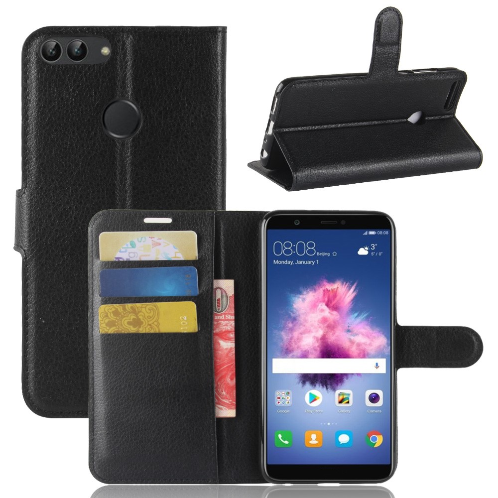 Litchi Skin PU Leather Wallet Stand Phone Shell for Huawei P Smart / Enjoy 7S - Black-1