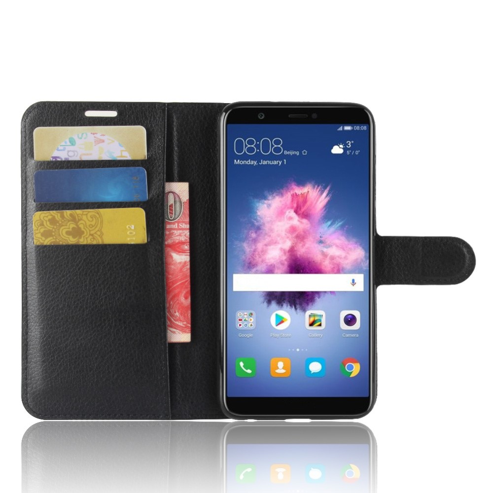 Litchi Skin pu le Cuir Portefeuille Shell Shel Téléphone Pour Huawei P Smart / Profitez de 7s - le Noir