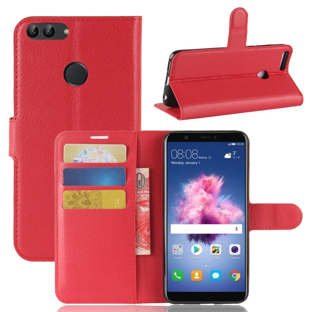 Litchi Pele PU Caixa De Couro Carteira Caixa Com Suporte Para Huawei P Inteligente / Aproveite 7S - Vermelho-1
