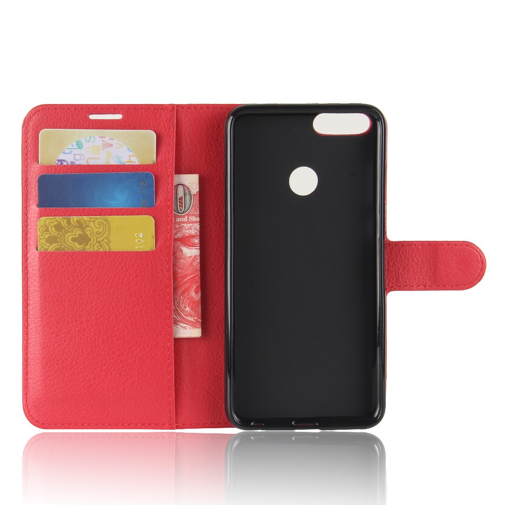 Litchi Pele PU Caixa De Couro Carteira Caixa Com Suporte Para Huawei P Inteligente / Aproveite 7S - Vermelho-3