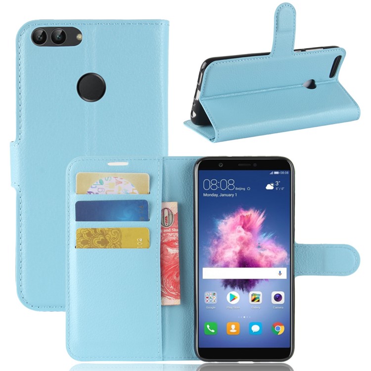 Litchi Skin pu le Cuir Portefeuille Stand Téléphone Couverture Magnétique Pour Huawei P Smart / Profitez de 7s - Bleu