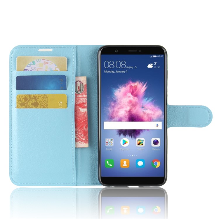 Litchi Skin pu le Cuir Portefeuille Stand Téléphone Couverture Magnétique Pour Huawei P Smart / Profitez de 7s - Bleu-4