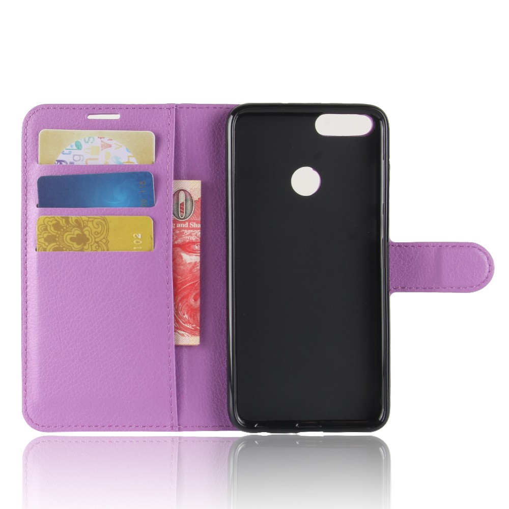 Litchi Grão Carteira de Couro Stand Fólio Protetor Shell Para Huawei P Smart / Desfrute de 7s - Roxo