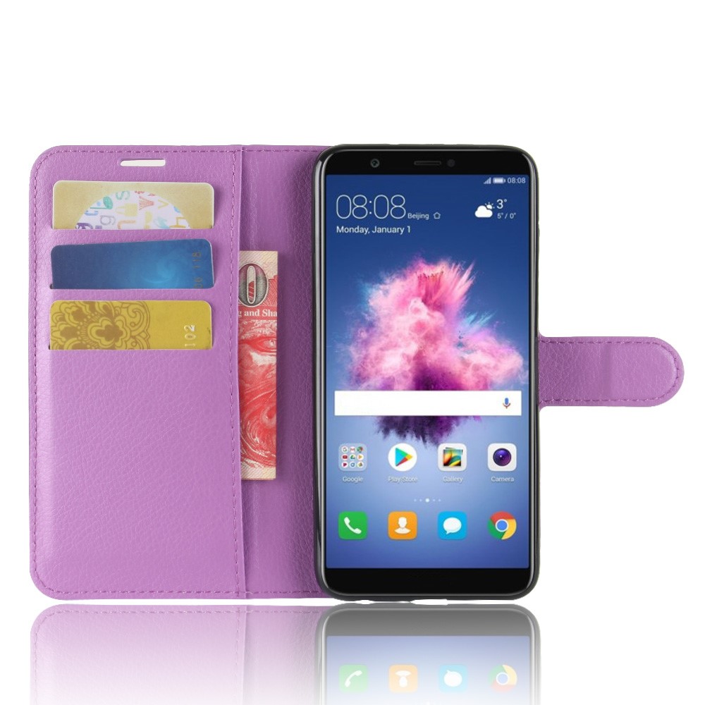 Litchi Grão Carteira de Couro Stand Fólio Protetor Shell Para Huawei P Smart / Desfrute de 7s - Roxo