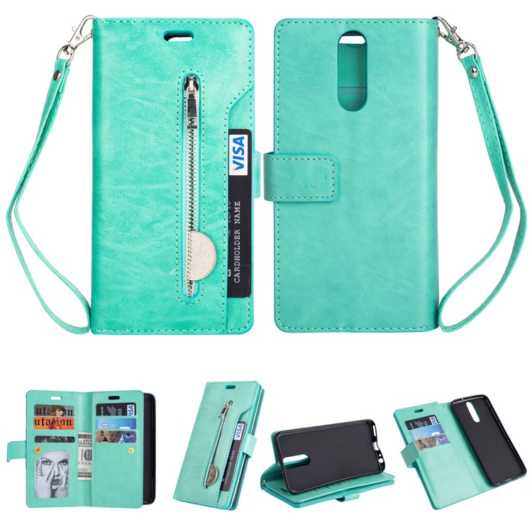 Multi-slot Wallet Zippered Leather Cell Phone Case for Huawei Mate 10 Lite / Maimang 6 - Cyan-1
