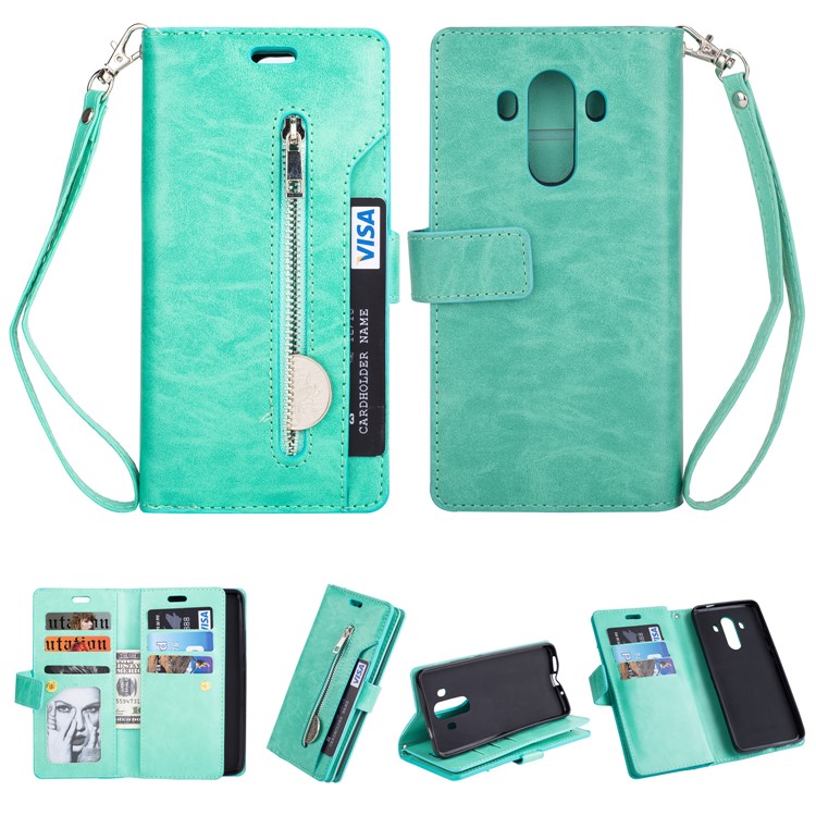 Multi-slot Wallet Zippered Leather Cell Phone Shell for Huawei Mate 10 Pro - Cyan-1