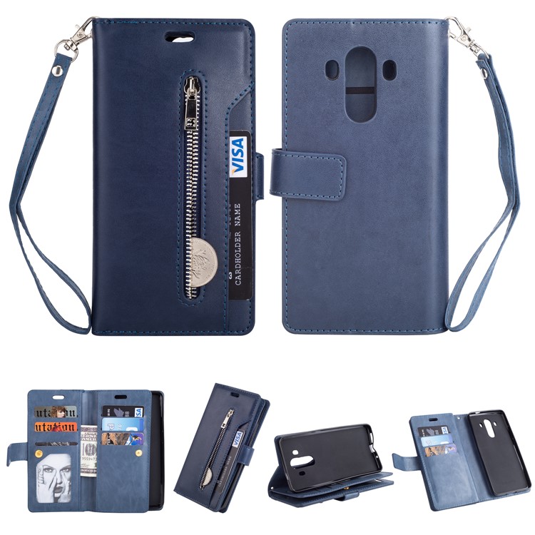 Multi-slot Wallet Zippered Leather Protector Case for Huawei Mate 10 Pro - Dark Blue-1