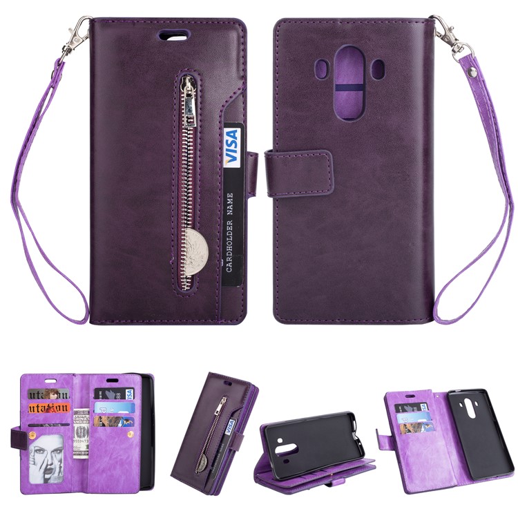 Couverture de Téléphone Mobile en Cuir à Fermeture Éclair à Glisse Multiples Pour Huawei Mate 10 Pro - Violet