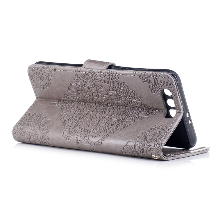 Imprint Flower Pattern Leather Wallet Case for Huawei Honor 9 - Grey-3