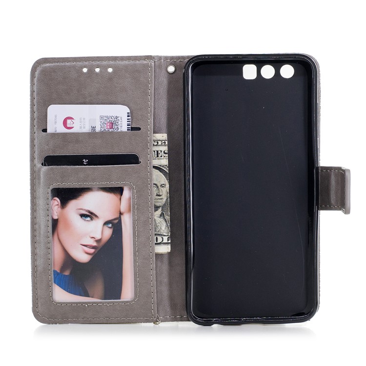 Imprint Flower Pattern Leather Wallet Case for Huawei Honor 9 - Grey-7