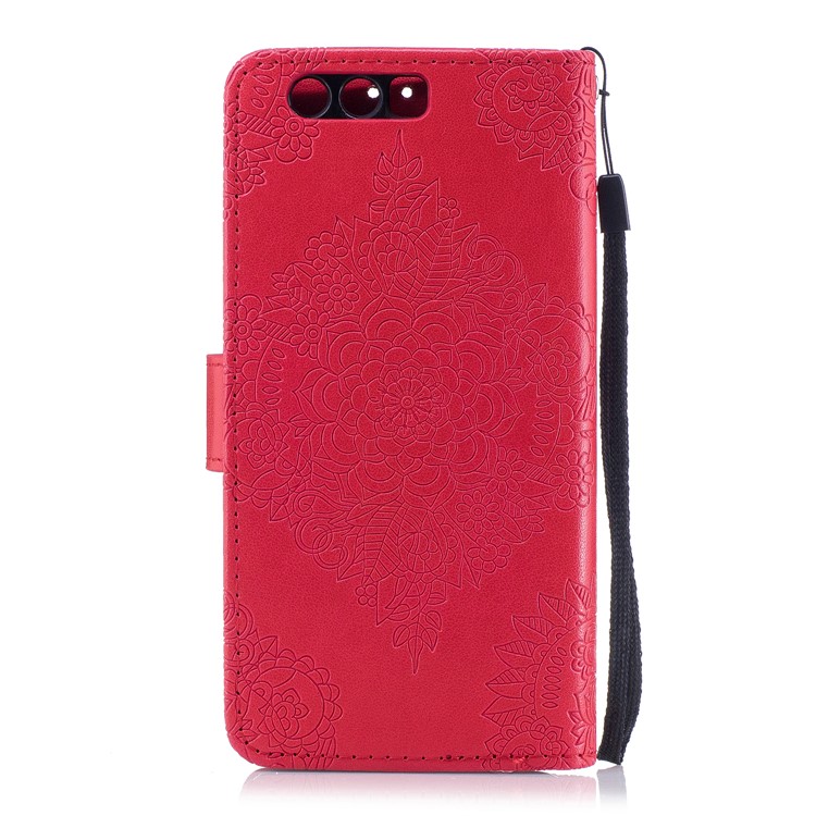 Imprint Flower Pattern Leather Wallet Cover for Huawei Honor 9 - Red-2