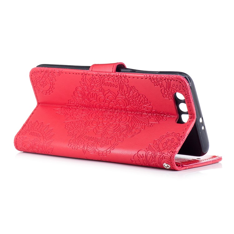 Imprint Flower Pattern Leather Wallet Cover for Huawei Honor 9 - Red-3