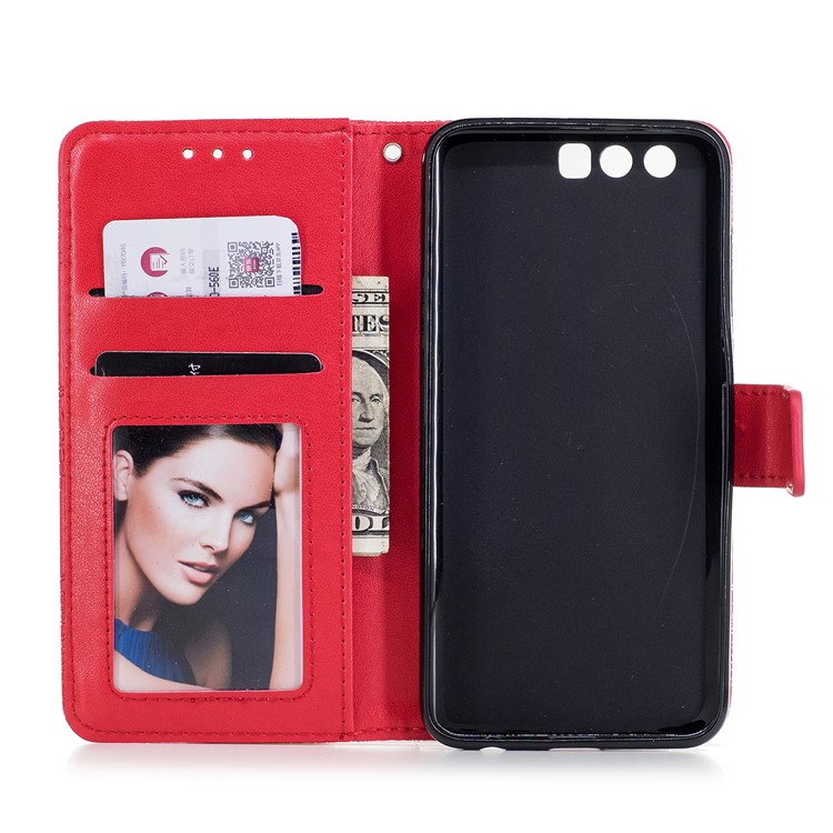 Imprint Flower Pattern Leather Wallet Cover for Huawei Honor 9 - Red-7