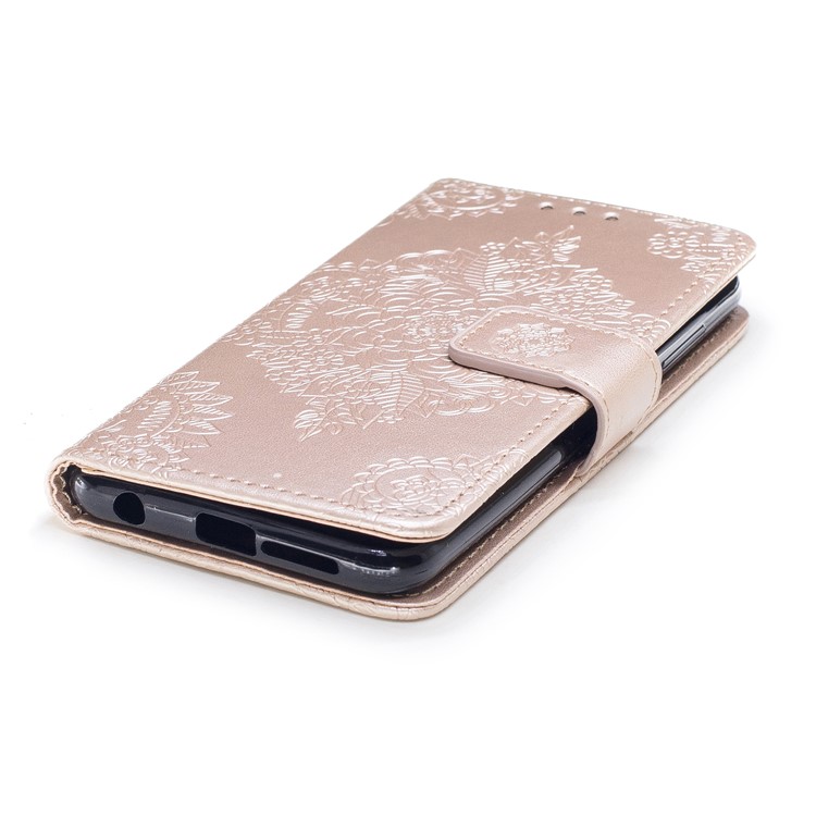 Imprint Flower Pattern Magnetic Leather Wallet Case for Huawei Honor 9 - Gold-5