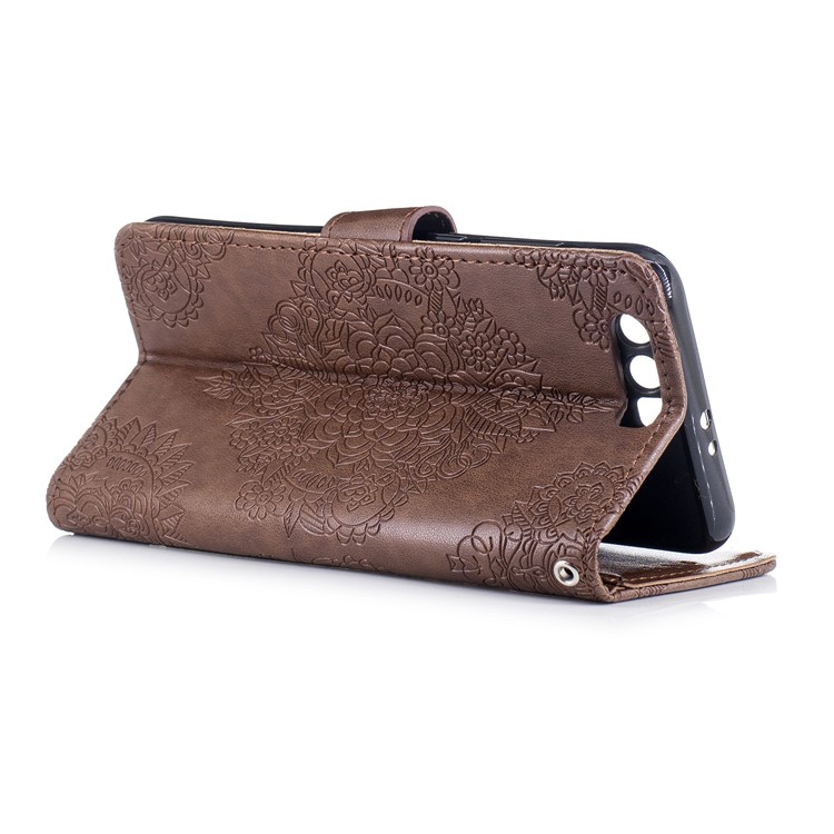 Imprint Flower Pattern Leather Wallet Case Shell for Huawei Honor 9 - Coffee-3