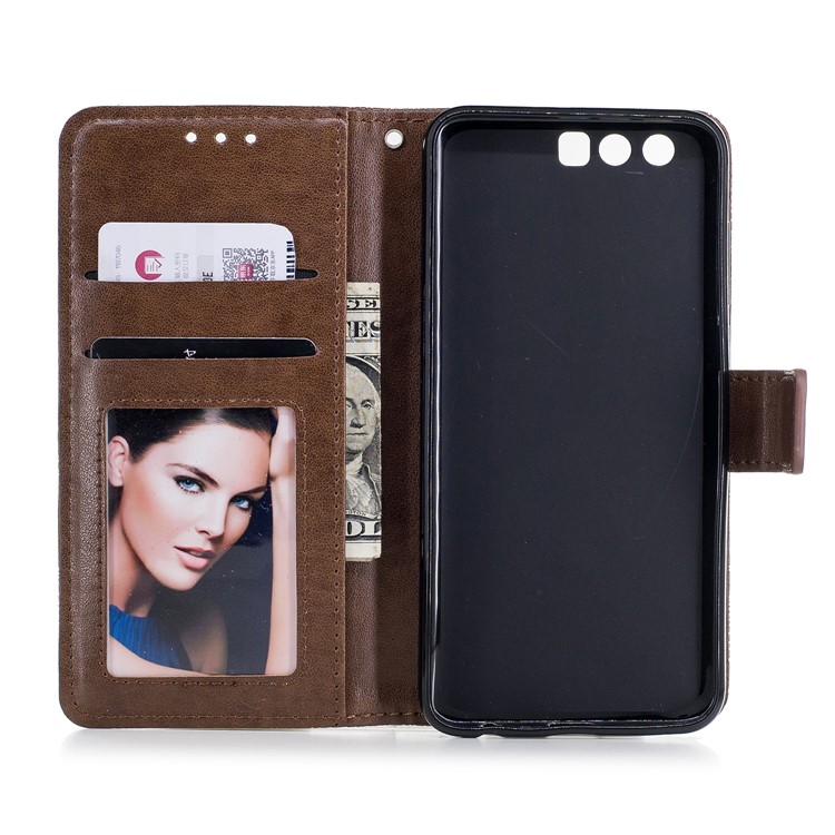 Imprint Flower Pattern Leather Wallet Case Shell for Huawei Honor 9 - Coffee-7