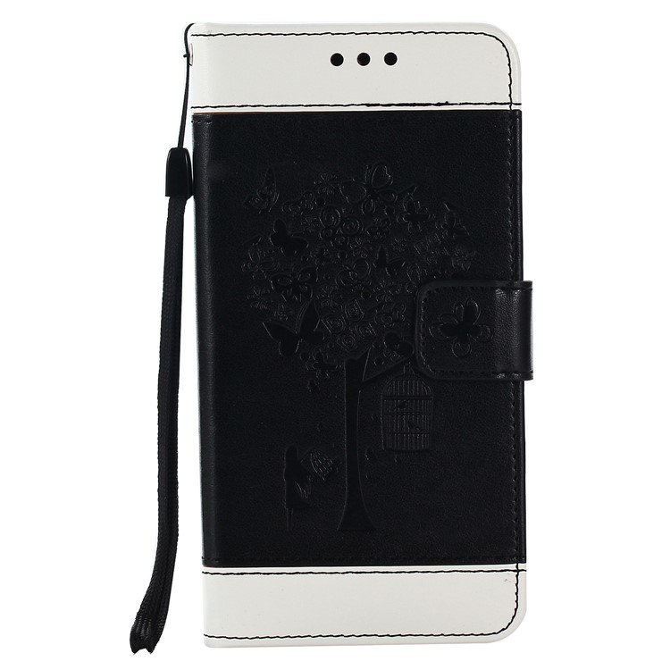 Bi-colour Imprint Birdcage Butterfly Tree Leather Wallet Stand Case with Strap for Huawei P10 Lite - Black-1