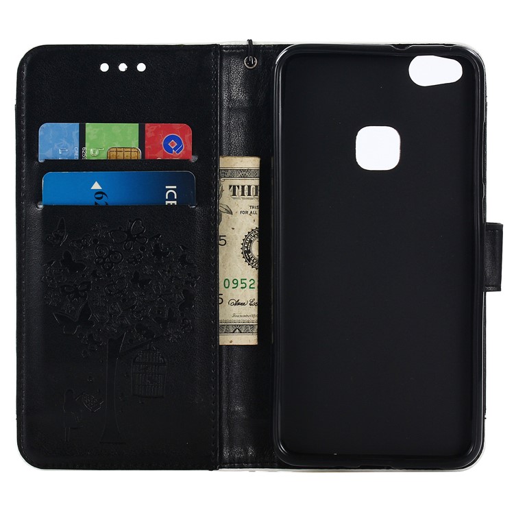 Bi-colour Imprint Birdcage Butterfly Tree Leather Wallet Stand Case with Strap for Huawei P10 Lite - Black-3