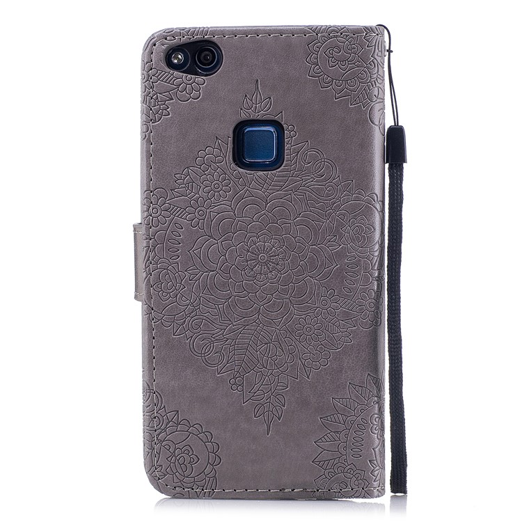 For Huawei P10 Lite Imprint Flower Pattern Leather Wallet Phone Shell - Grey-2