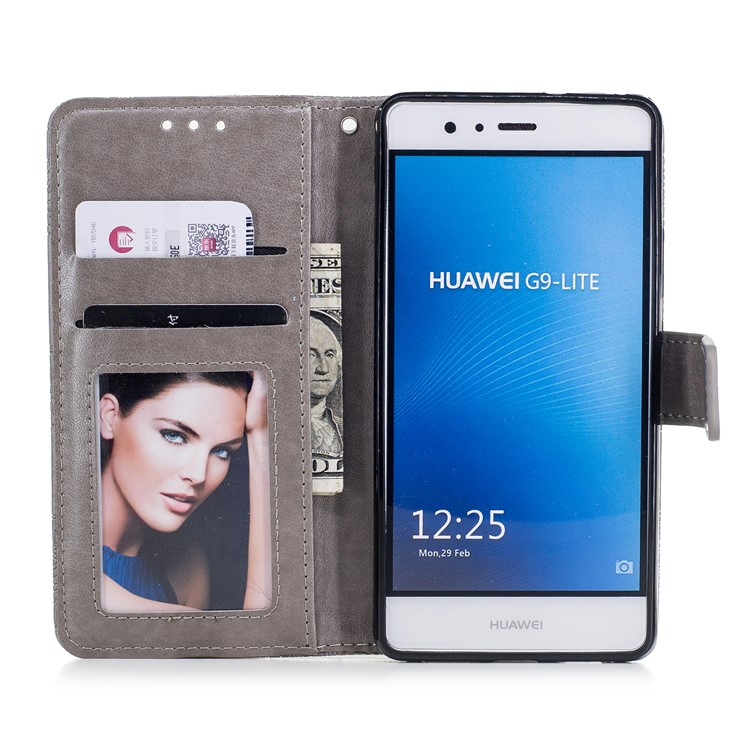 Imprint Classical Flower Pattern Leather Wallet Stand Casing with Strap for Huawei P9 Lite / G9 Lite - Grey-7