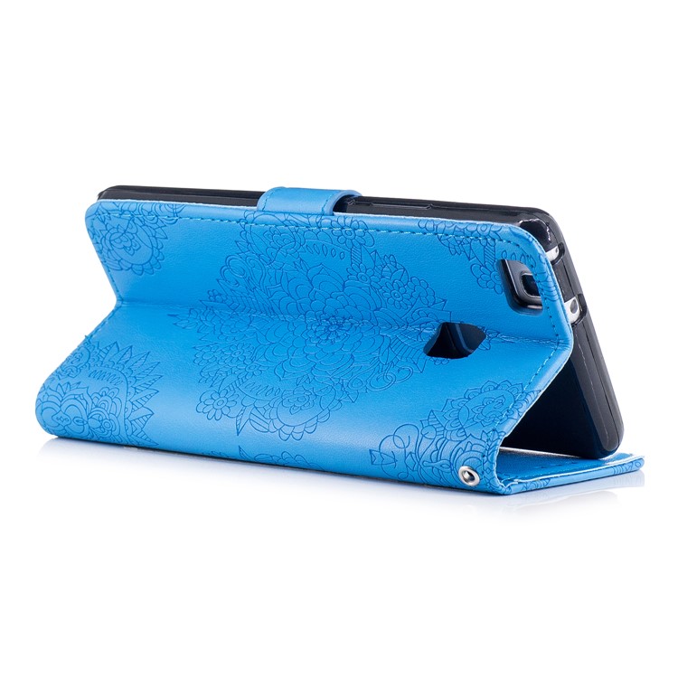 Imprint Classical Flower Pattern Leather Wallet Stand Shell with Strap for Huawei P9 Lite / G9 Lite - Blue-3