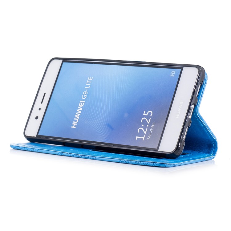 Imprint Classical Flower Pattern Leather Wallet Stand Shell with Strap for Huawei P9 Lite / G9 Lite - Blue-4
