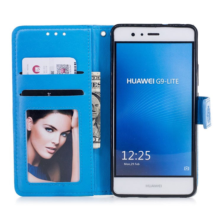 Imprint Classical Flower Pattern Leather Wallet Stand Shell with Strap for Huawei P9 Lite / G9 Lite - Blue-7