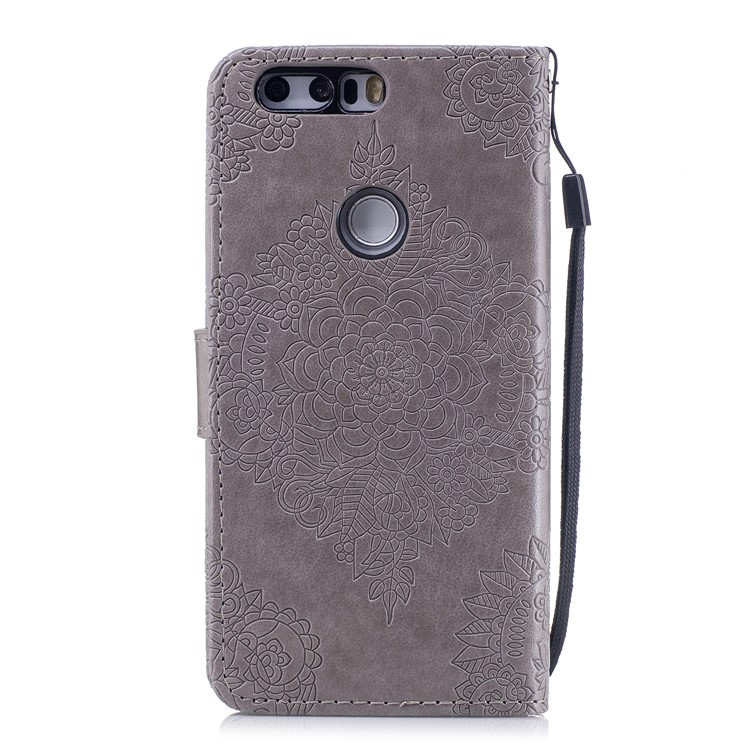 For Huawei Honor 8 Imprint Flower Patten Leather Wallet Mobile Phone Cover - Grey-2