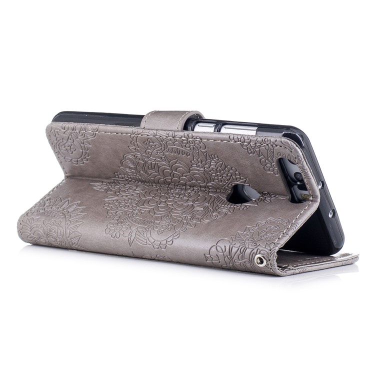 For Huawei Honor 8 Imprint Flower Patten Leather Wallet Mobile Phone Cover - Grey-3
