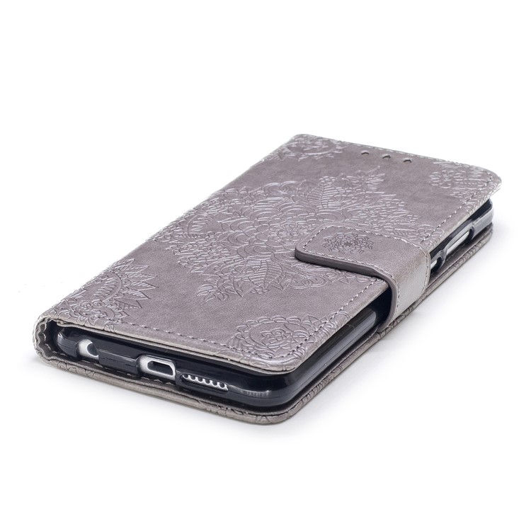 For Huawei Honor 8 Imprint Flower Patten Leather Wallet Mobile Phone Cover - Grey-5