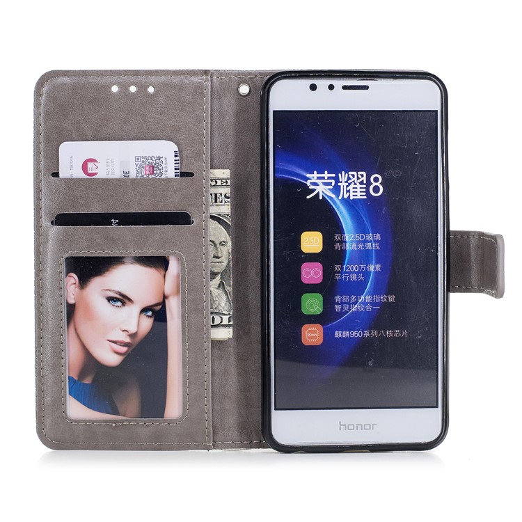 For Huawei Honor 8 Imprint Flower Patten Leather Wallet Mobile Phone Cover - Grey-7