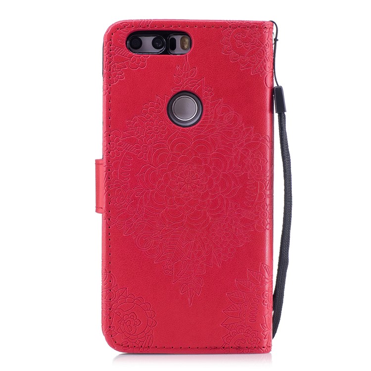 For Huawei Honor 8 Imprint Flower Pattern Leather Stand Flip Casing - Red-2