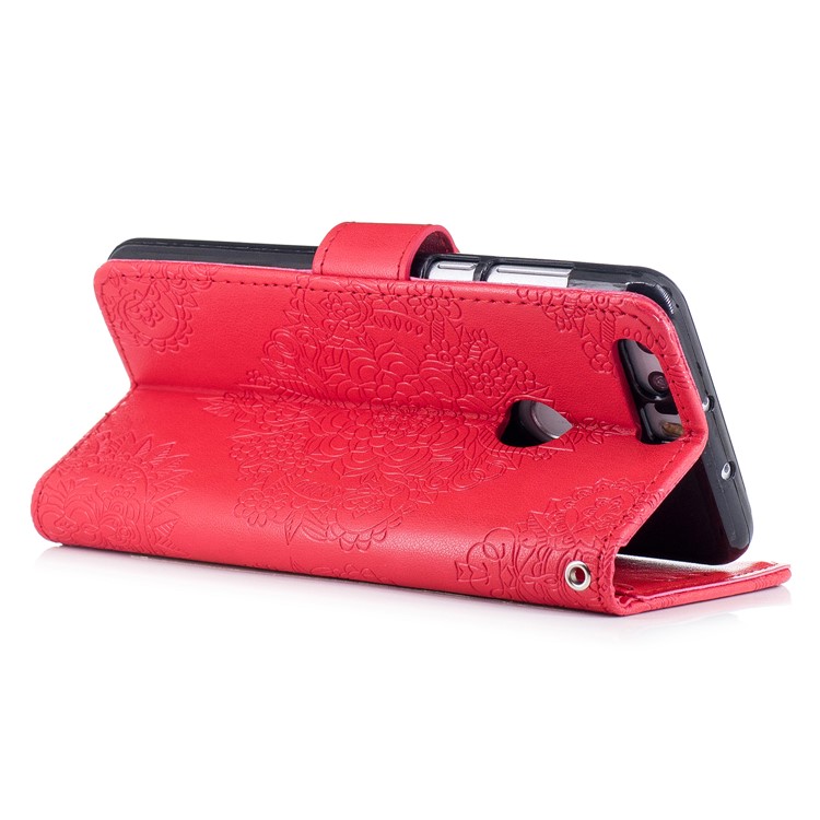 For Huawei Honor 8 Imprint Flower Pattern Leather Stand Flip Casing - Red-3