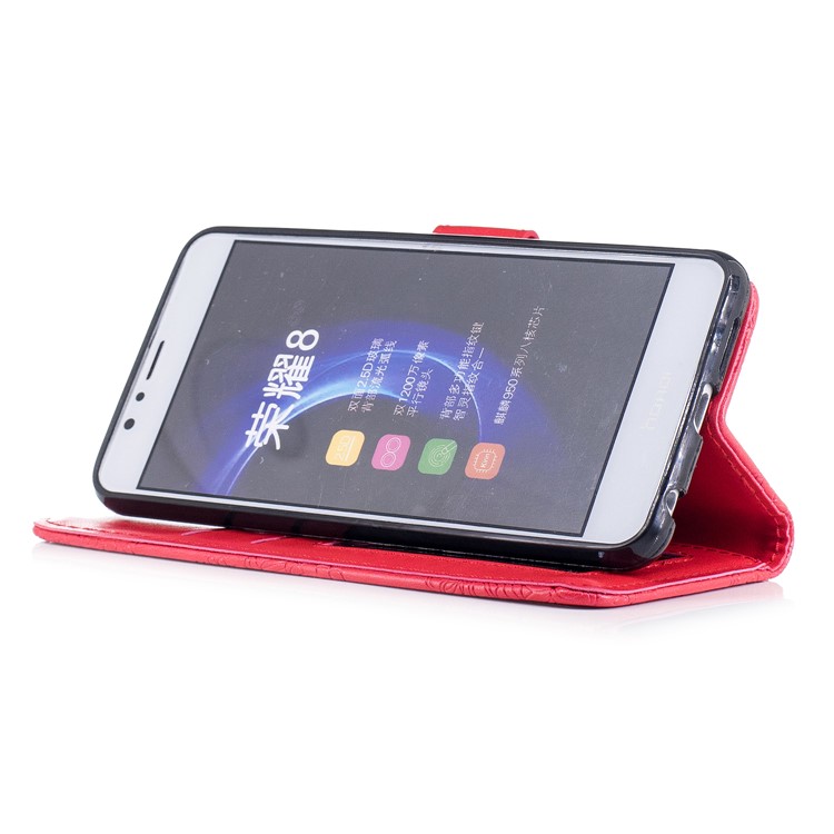 For Huawei Honor 8 Imprint Flower Pattern Leather Stand Flip Casing - Red-4