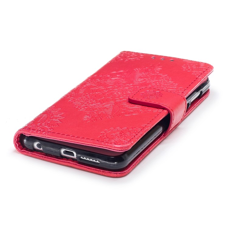 For Huawei Honor 8 Imprint Flower Pattern Leather Stand Flip Casing - Red-5