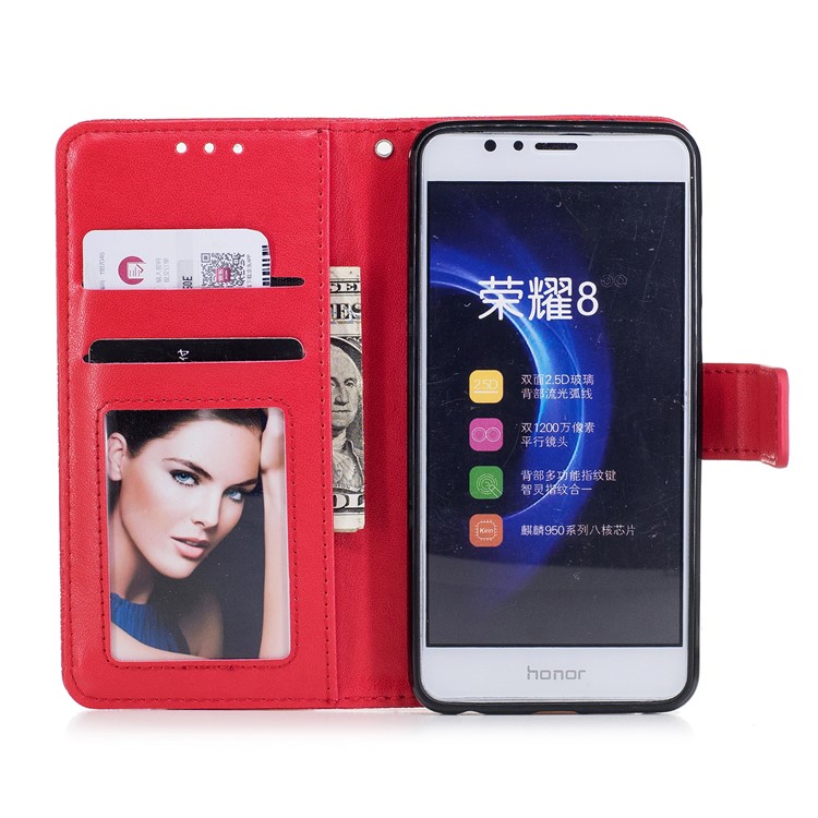 For Huawei Honor 8 Imprint Flower Pattern Leather Stand Flip Casing - Red-7
