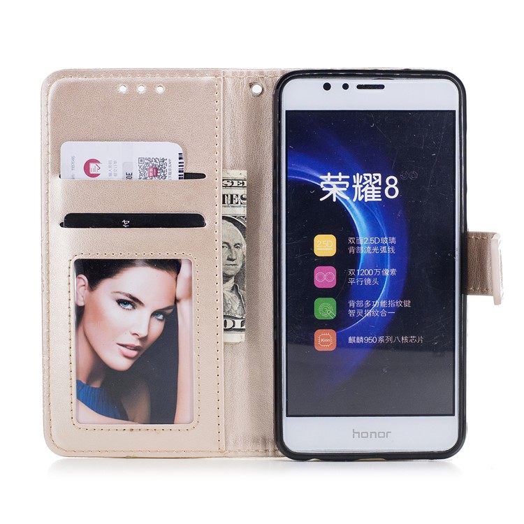 For Huawei Honor 8 Imprint Flower Pattern Leather Wallet Phone Accessory Case - Gold-7