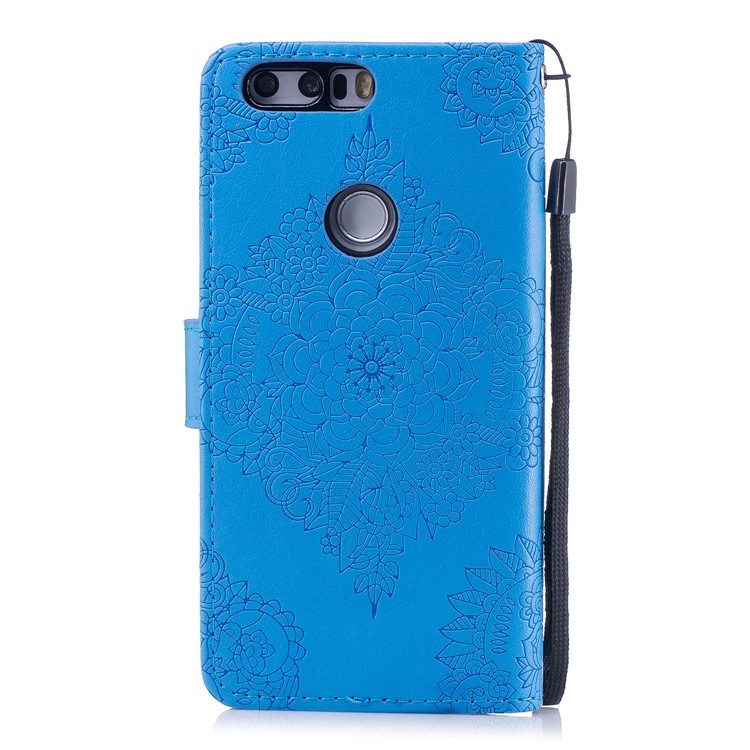 For Huawei Honor 8 Imprint Flower Pattern Leather Stand Protective Cover - Blue-2