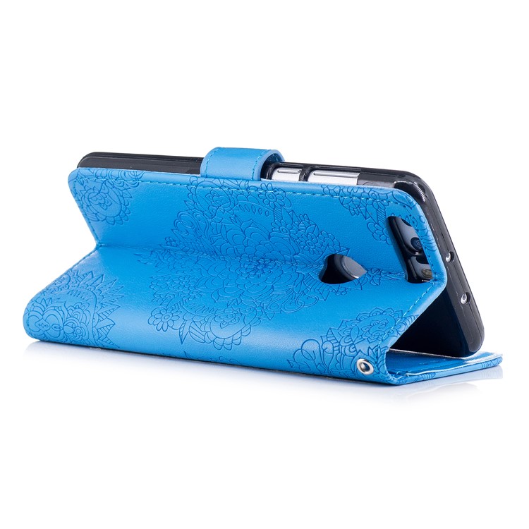 For Huawei Honor 8 Imprint Flower Pattern Leather Stand Protective Cover - Blue-3