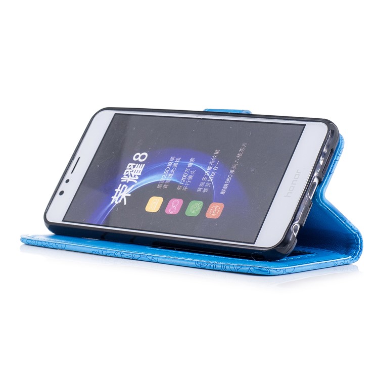 For Huawei Honor 8 Imprint Flower Pattern Leather Stand Protective Cover - Blue-4