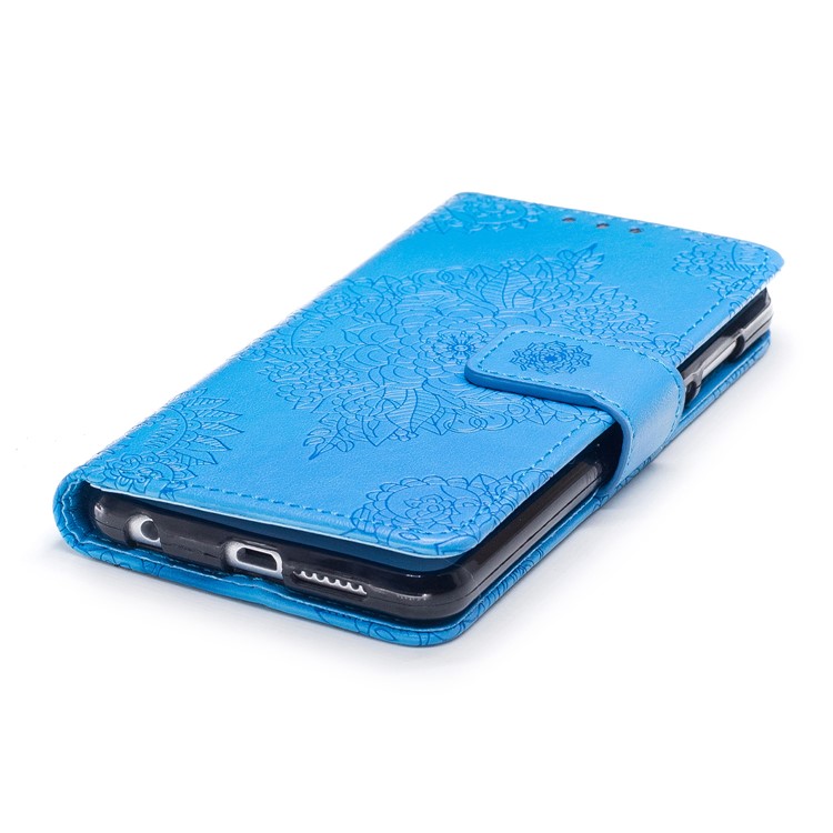 For Huawei Honor 8 Imprint Flower Pattern Leather Stand Protective Cover - Blue-5
