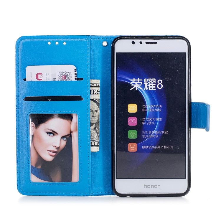 For Huawei Honor 8 Imprint Flower Pattern Leather Stand Protective Cover - Blue-7