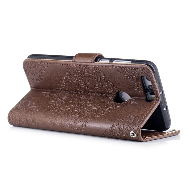 Para Huawei Honra 8 Impresso Flor Padrão Bolsa De Couro Bolsa Acessório Móvel - Café-3