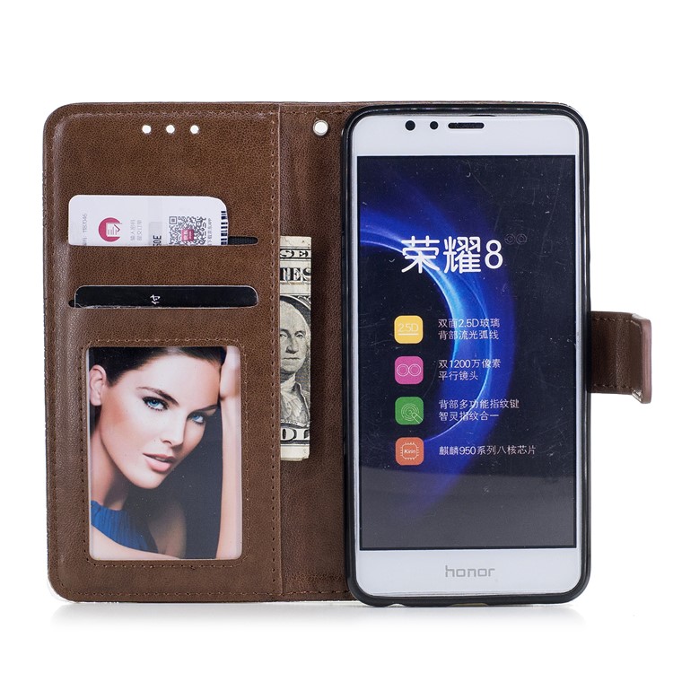 Para Huawei Honra 8 Impresso Flor Padrão Bolsa De Couro Bolsa Acessório Móvel - Café-7