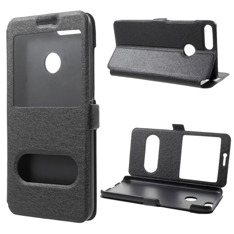 Silk Texture Dual Window Leather Case for Huawei Honor 9 Lite/Honor 9 Youth Edition - Black-1