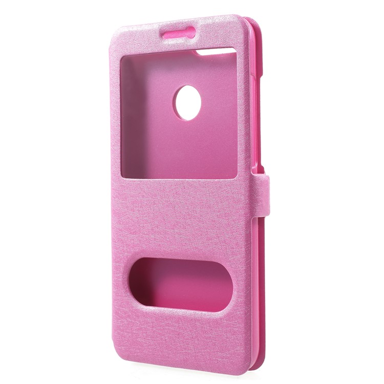 Silk Texture Dual Window Leather Flip Stand Shell for Huawei Honor 9 Lite/Honor 9 Youth Edition - Rose-3