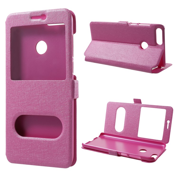 Silk Texture Dual Window Leather Flip Stand Case for Huawei P Smart/Enjoy 7S - Rose-1